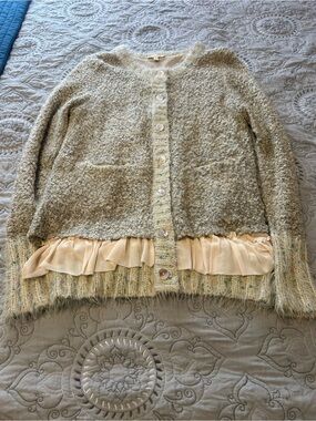 Mystree Cream Textured Crewneck Sweater with Ruffle Hem